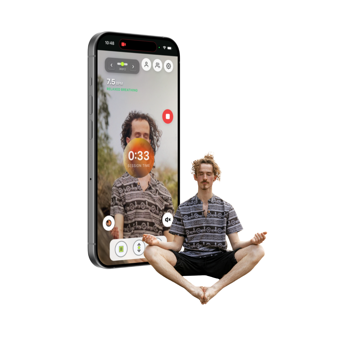 Smartphone displaying a meditation app with a person in a meditative pose on the screen.
