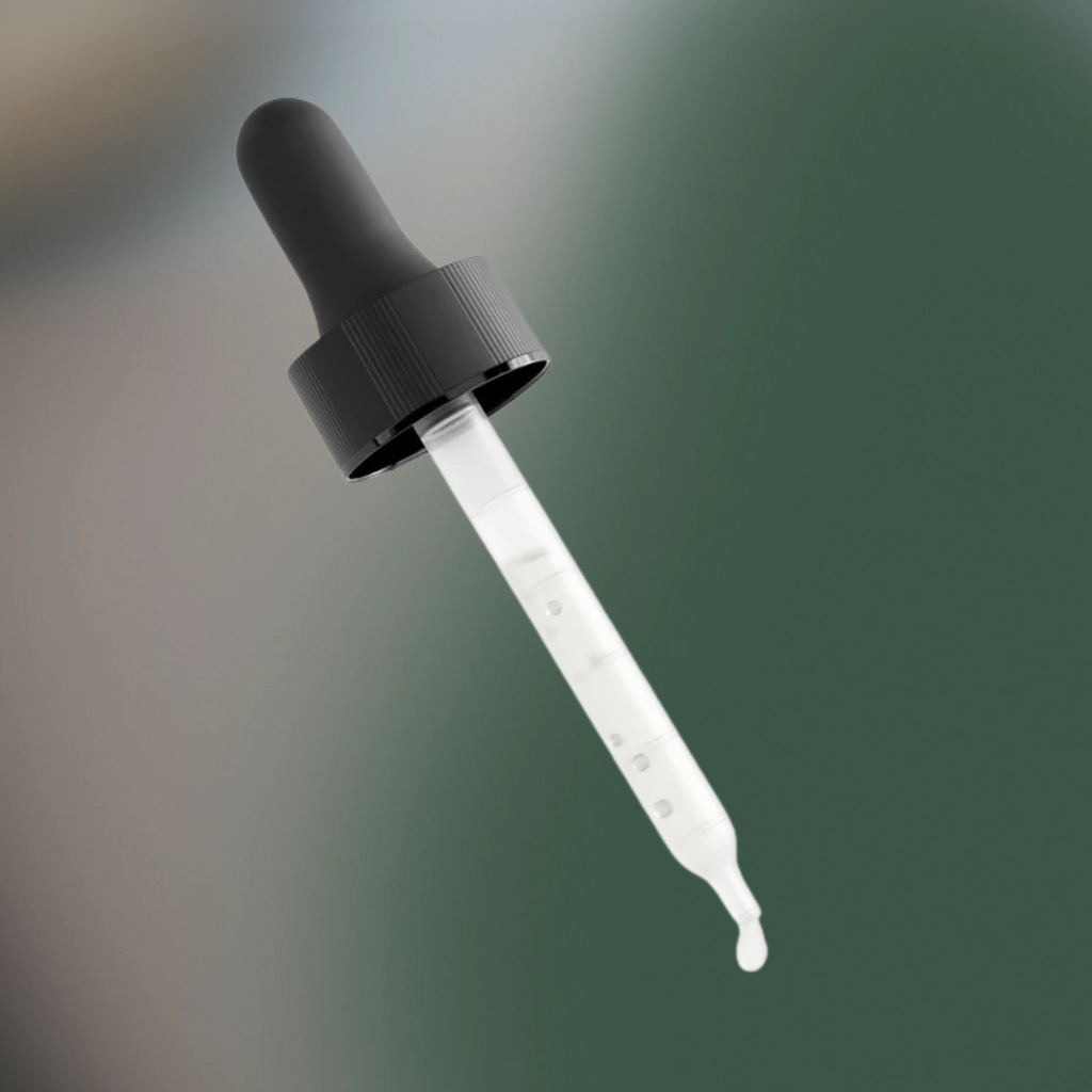 Black dropper bottle with clear liquid on a gradient background