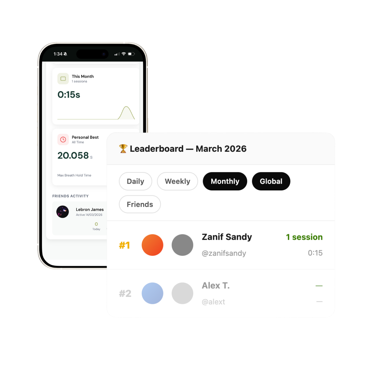Leaderboard app interface showing a user's performance and friends' activity on a white background