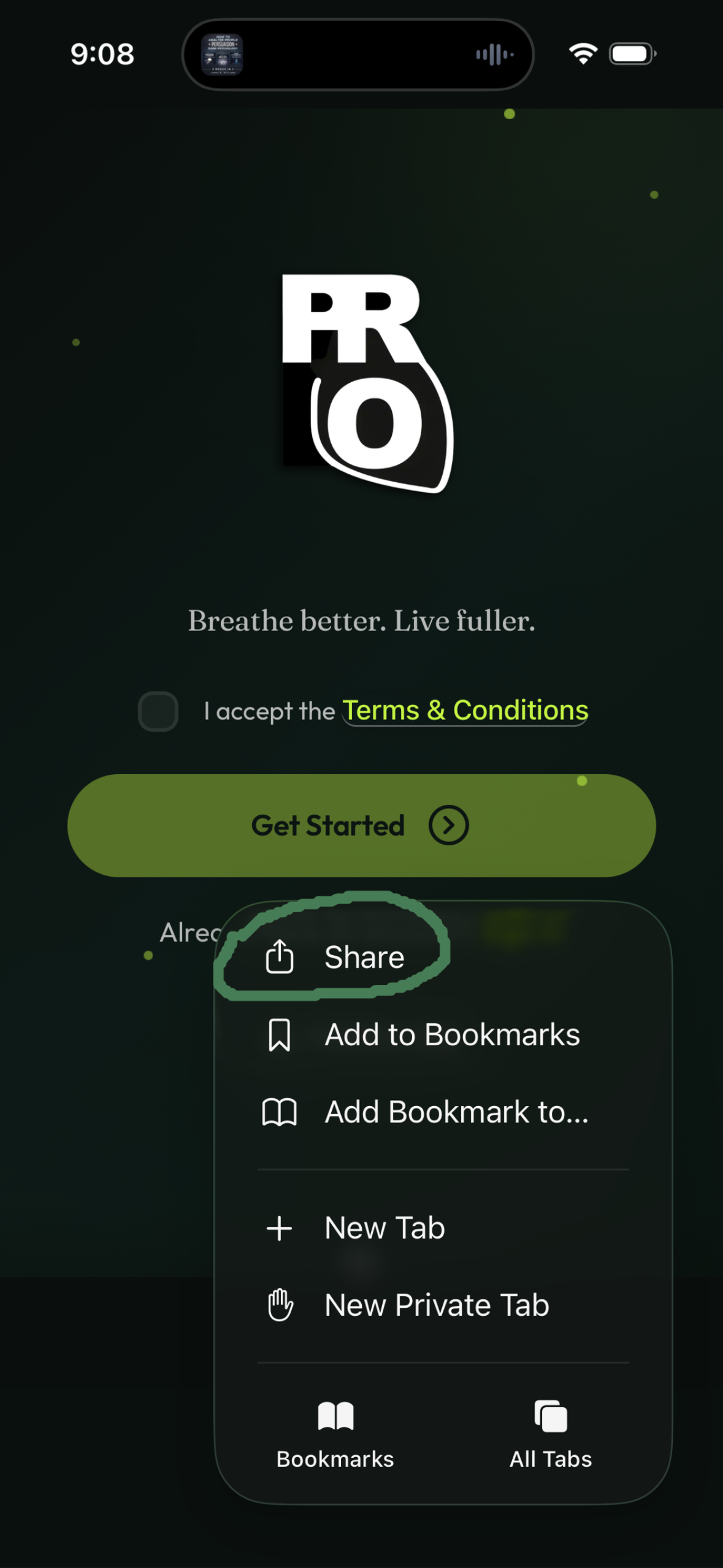 Prolungs Breathe Easy app showing browser Share menu to install as web app - breathing exercises for lung health and respiratory training