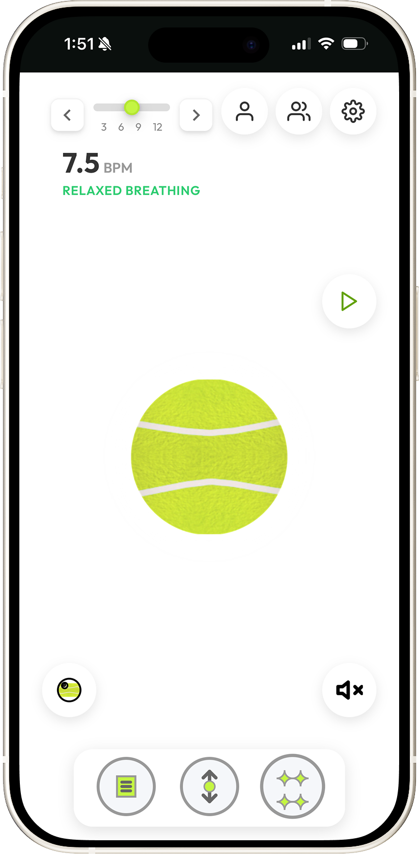 Prolungs Breathe Easy app showing 7.5 BPM relaxed breathing session with tennis ball texture orb - customizable breathing trainer for lung health