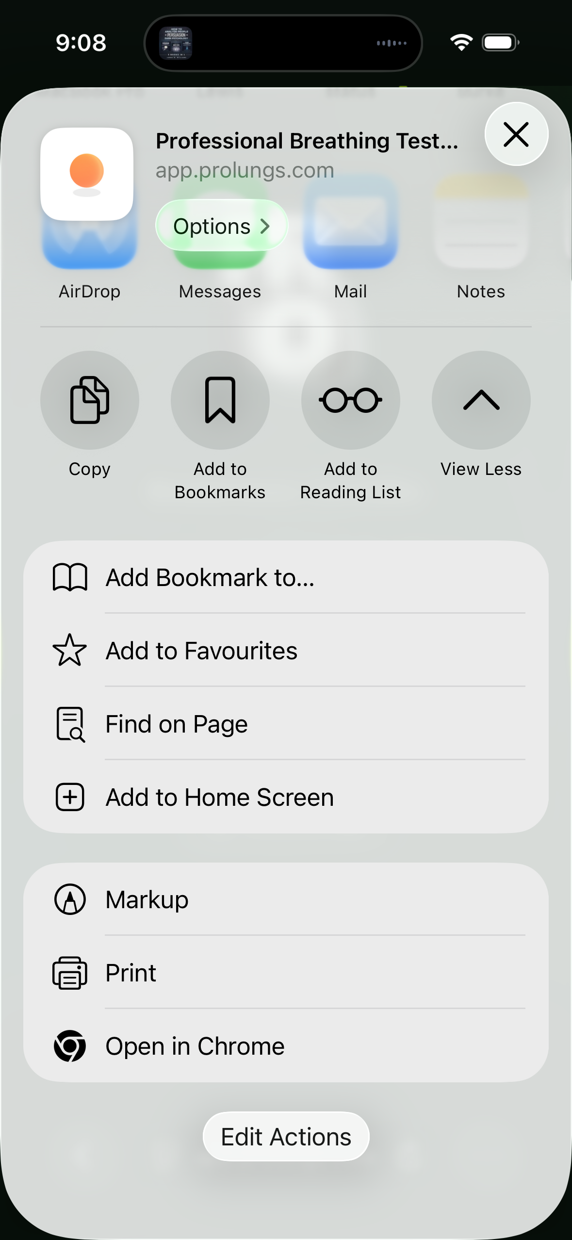 iOS Share Sheet on iPhone showing Add to Home Screen option for Prolungs Breathe Easy breathing app - step 2 of installing Prolungs lung training app on iOS